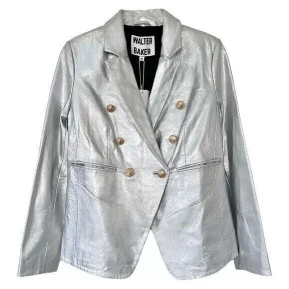 NWT Walter Baker Marley Leather Silver Metallic Double Breasted Blazer Medium - Picture 3 of 8